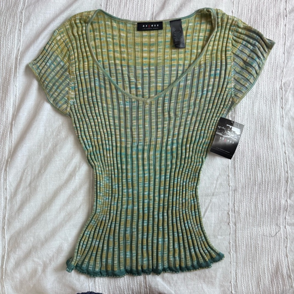 Yellow and Green Ribbed Cap Sleeve Blouse